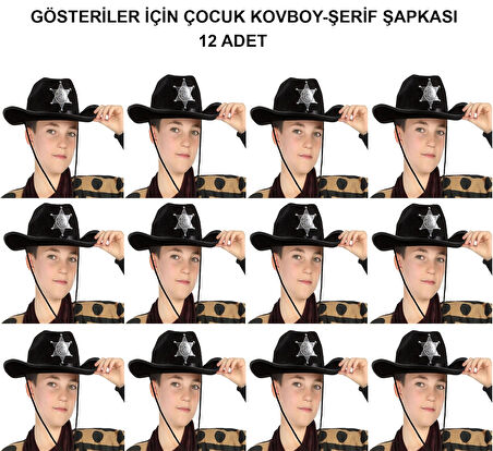 Kovboy Şerif Şapkası Siyah 12 Adet - Kostüm, Parti Ve Gösteri Şapkası
