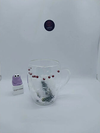 Yılbaşı Temalı Çift Cidarlı Borosilikat Cam Çam Dalı Kupa