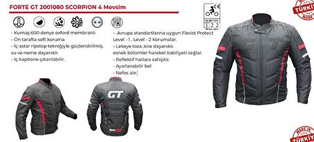 Forte Gt Xbyc 1080 Scorpion Full Koruma 4 Mevsim Kışlık Motosiklet Montu XXL Beden Siyah