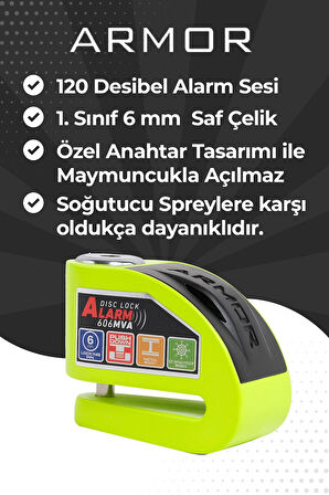 Armor 606mva 6 Mm 120 Desibel Paslanmaz Çelik Alarmlı Disk Kilidi Neon Yeşil