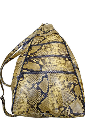 Hakiki Deri Yılan Baskılı Çok Cepli Kadın Sırt Çantası