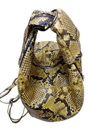 Hakiki Deri Yılan Baskılı Çok Cepli Kadın Sırt Çantası