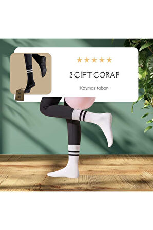 2 ÇİFT YOGA PİLATES ÇORABI KADIN KAYMAZ SİLİKON TABAN PAMUKLU SOKET TENİS ÇORAP HAVLULU SİYAH BEYAZ.