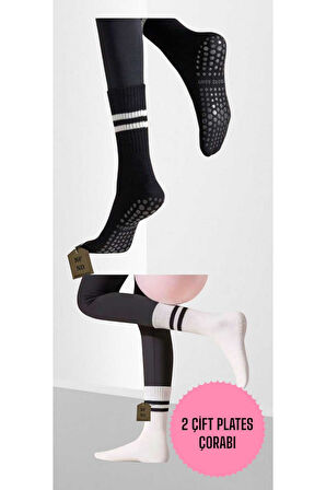 2 ÇİFT YOGA PİLATES ÇORABI KADIN KAYMAZ SİLİKON TABAN PAMUKLU SOKET TENİS ÇORAP HAVLULU SİYAH BEYAZ.