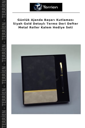 Günlük Ajanda Başarı Kutlaması Siyah Gold Detaylı Termo Deri Defter Metal Roller Kalem Hediye Seti