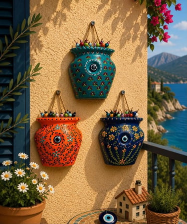 Çini Desenli Saksı Ev Dekorasyon Duvar Dekorasyon Bahçe Dekorasyon Balkon Dekorasyon Süsü 3 ' Lü Set