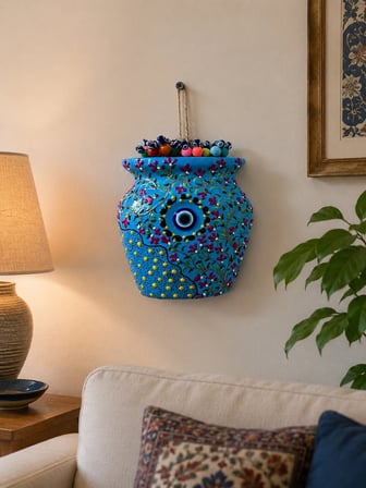Polyester Çini Desenli Saksı Duvar Bahçe Balkon Dekorasyon Süsü Bebe Mavi