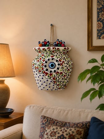 Polyester Çini Desenli Saksı Duvar Bahçe Balkon Dekorasyon Süsü Beyaz