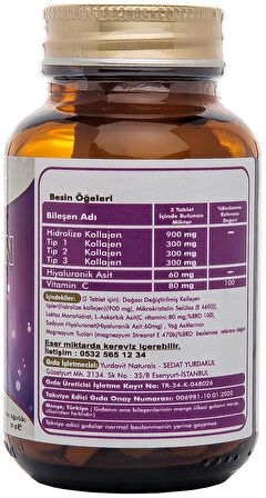 Yurdavit Hidrolize Collagen 900 Mg Type (Tip) 1-2-3 Hyaluronic Acid Vitamin C 2x50 Tablet 