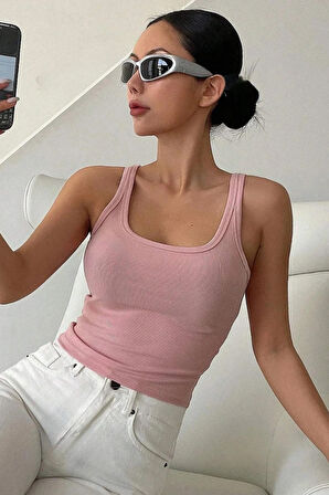  Kadın Pembe Fitilli Kaşkorse Geniş Askılı Crop Bluz