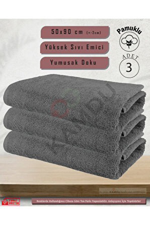 3 Adet 50x90cm Gri Pamuklu Saç Havlusu, Spor ve Berber Havlusu, Duş Havlusu