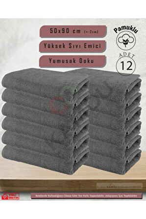 12 Adet 50x90cm Gri Pamuklu Saç Havlusu, Spor ve Berber Havlusu, Duş Havlusu