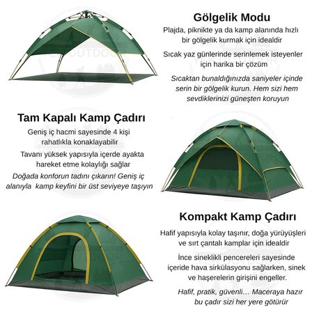 YekOutdoor 4 Kişilik Çift Katmanlı Otomatik Çadır 220x250x160