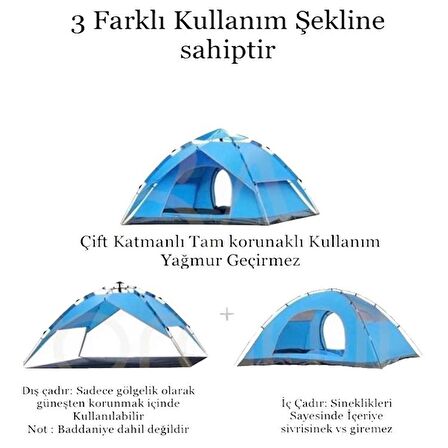 YekOutdoor 4 Kişilik Çift Katmanlı Otomatik Çadır 220x250x160