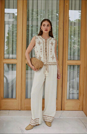 Kadın Krem Etnik Nakıslı Püskül Detaylı Yelek Pantolon Keten Takım