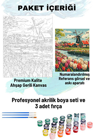 Sayılarla Boyama Seti Numaralı Tuval Fırça Boya 40x50 Cm - YEL DEĞİRMENİ LALELER