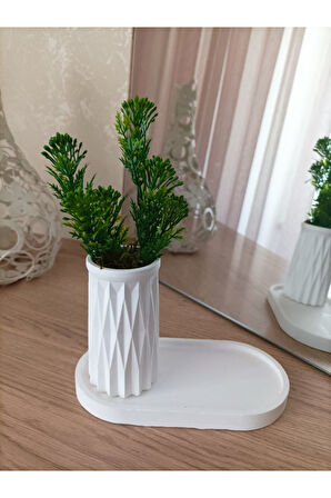 MİNİ DESENLİ BETON SAKSI TEKLİ VE OVAL TABAK - YAPAY ÇİÇEK HEDİYELİ