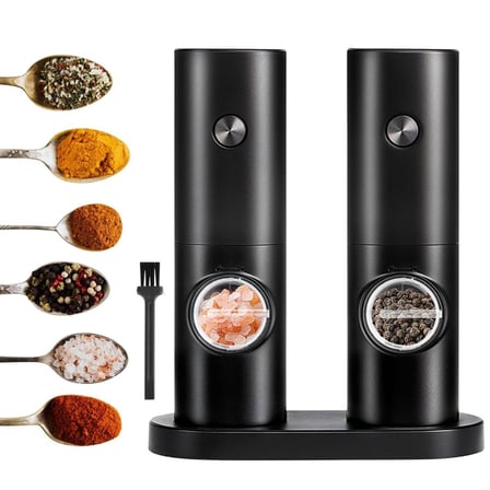 Uravas Store® Otomatik Pilli Tuz Karabiber Değirmeni Seti 2’Li – Led Işıklı, Standlı, Elektrikli Bah