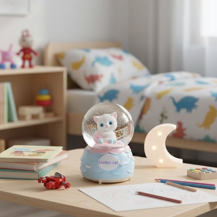 Pilli Işıklı Müzikli Kar Küresi–Şanslı Toplu Kedi Figürlü Eğlenceli Masaüstü Biblo, Led Aydınlatmalı