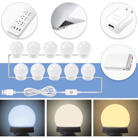 Buffer® Nostalji Hollywood Tarzı 10Lu Makyaj Masası Aynası Beyaz Led Işıklı Lamba Usb