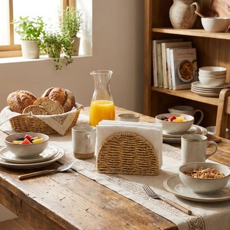 Buffer® Dekoratif Plastik Rattan Yarım Yuvarlak Peçetelik–Doğal Hasır Dokulu Masaüstü Peçete Standı