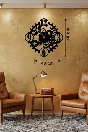 Mey İthalat® Mekanik Dişli Çark Tasarım Ahşap Duvar Saati - 40X40 Cm Steampunk Dekor