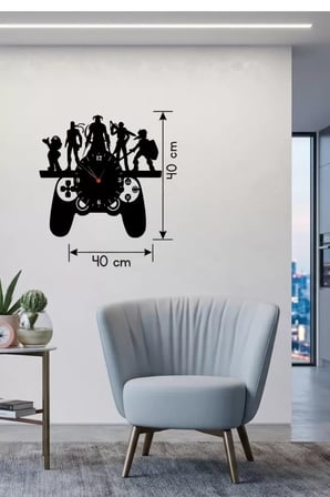 Mey İthalat® Oyun Odası Dekoratif Duvar Saati - 40X40 Cm Lazer Kesim Ahşap Joystick Ve Oyun Karakter