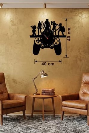 Mey İthalat® Oyun Odası Dekoratif Duvar Saati - 40X40 Cm Lazer Kesim Ahşap Joystick Ve Oyun Karakter