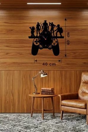 Mey İthalat® Oyun Odası Dekoratif Duvar Saati - 40X40 Cm Lazer Kesim Ahşap Joystick Ve Oyun Karakter