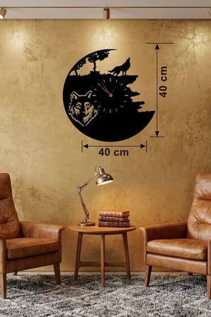 Mey İthalat® Kurt Temalı Lazer Kesim Ahşap Duvar Saati - 40X40 Cm Dekoratif