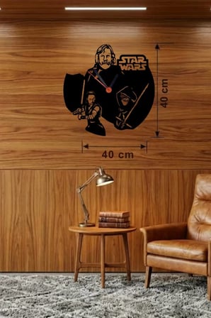 Mey İthalat® Star Wars Temalı Ahşap Duvar Saati - 40X40 Cm Lazer Kesim Dekoratif