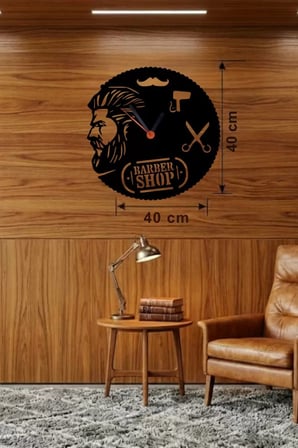 Mey İthalat® Berber Kuaför Tasarım Ahşap Duvar Saati - 40X40 Cm Berber Dekorasyonu