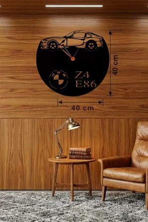 Mey İthalat® Bmw Z4 E86 Tasarım Ahşap Duvar Saati - 40X40 Cm Lazer Kesim Dekoratif