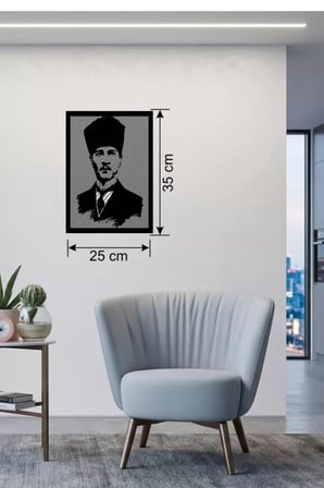 Mey İthalat® Atatürk Line Art Metal Görünümlü Ahşap Tablo - Modern Ofis Ve Ev Dekoru