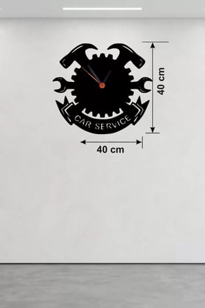 Mey İthalat® Car Service Temalı Ahşap Duvar Saati - 40X40 Cm Teknik Servis Dekoru