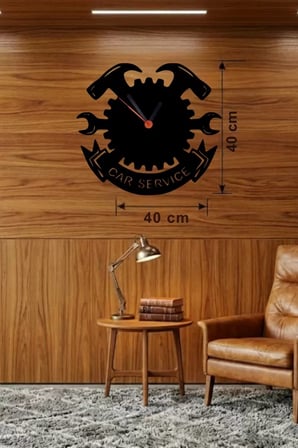Mey İthalat® Car Service Temalı Ahşap Duvar Saati - 40X40 Cm Teknik Servis Dekoru