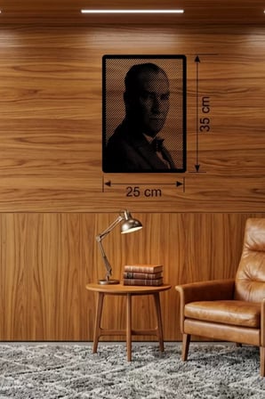 Mey İthalat® Atatürk Line Art Metal Görünümlü Ahşap Tablo - Modern Ofis Ve Ev Dekoru