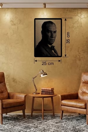 Mey İthalat® Atatürk Line Art Metal Görünümlü Ahşap Tablo - Modern Ofis Ve Ev Dekoru