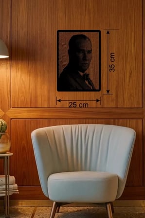 Mey İthalat® Atatürk Line Art Metal Görünümlü Ahşap Tablo - Modern Ofis Ve Ev Dekoru