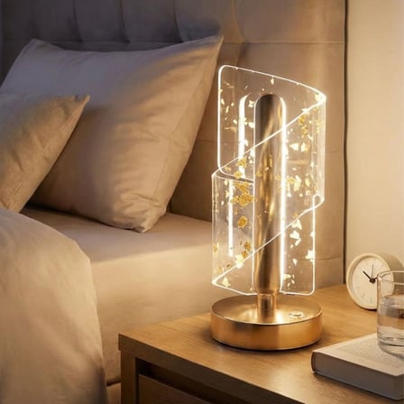 Buffer® Çapraz Kavisli Kristal Altın Toz Model Led Masa Lambası – Gold Gövdeli, Dokunmatik, 3 Kademe
