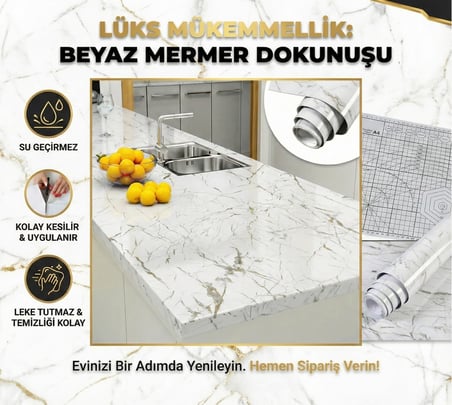 Hediyelik Beyaz Mermer Desenli Yapışkanlı Tezgah Folyosu (3 Mt.x 60 Cm)