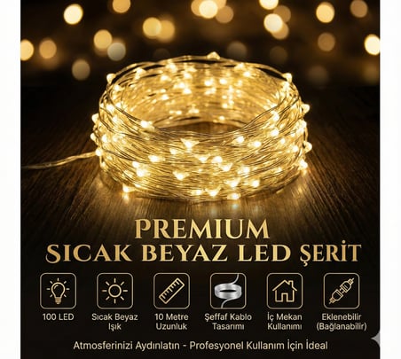 Hediyelik Yılbaşı Aydınlatması 100 Led Perde Hortum Sıcak Beyaz Işık - 10 Metre Dekoratif Şeffaf Kablolu Süs