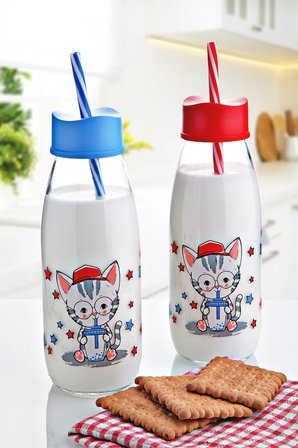 Hediyelik Hayvan Figürlü Pipetli Su Ve Süt Şişesi Cam 500 Ml