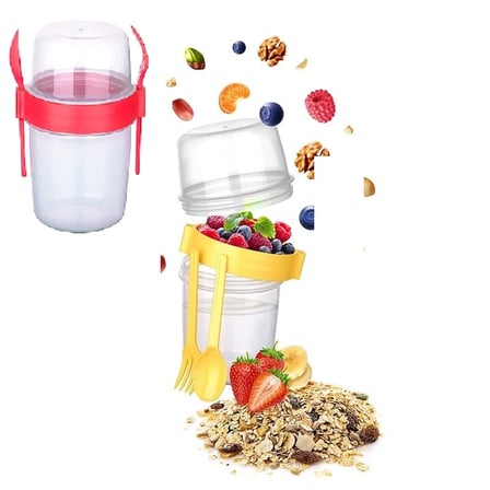 Hediyelik Çift Hazneli - Çatal Kaşıklı Portatif Müsli -atıştırmalık Kabı 1100 Ml