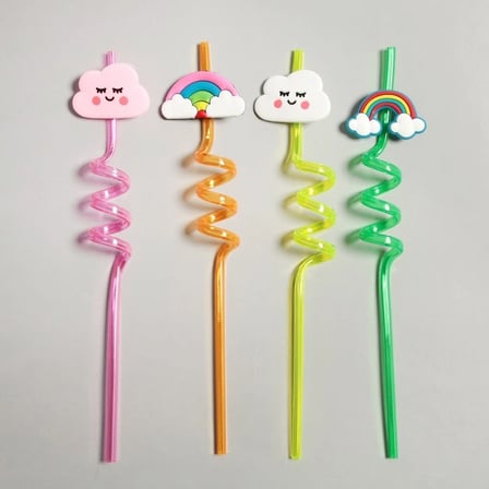 Hediyelik 5 Parça Renkli Pipet Seti - Emojili Spiral Kokteyl- Çocuk Pipeti Temizleme Fırçalı