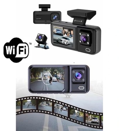 Hediyelik Araç Kamerası - 3 Kameralı Wifi Ön , İç Ve Arka Full Hd Dvr Araç İçi Ekranlı Kamera