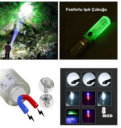 Hediyelik El Feneri 8 Mod Şarjlı Fosforlu Mıknatıslı Led El Feneri