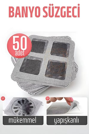 Hediyelik Banyo Gider Süzgeci 50 Adet Yapışkanlı Filtre, 10x10 Cm