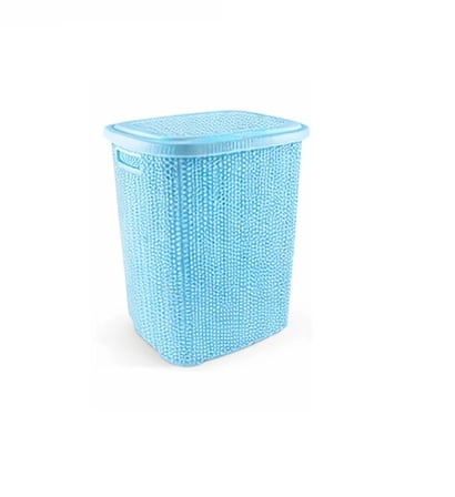 Hediyelik Kirli Çamaşır Sepeti Kapaklı 65 Lt Örgü Desenli Plastik Çamaşır Sepeti Banyo Sepeti - Mavi