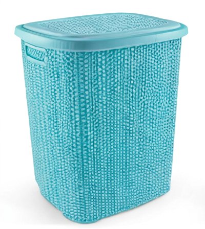 Hediyelik Kirli Çamaşır Sepeti Kapaklı 65 Lt Örgü Desenli Plastik Çamaşır Sepeti Banyo Sepeti - Turkuaz